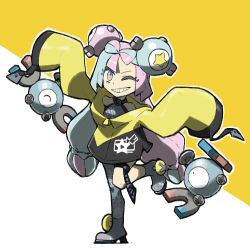 Rule 34 | 1girl, ;), arms up, bare shoulders, black coat, blacknirrow, blue eyes, blue hair, braid, coat, creatures (company), full body, game freak, gen 1 pokemon, grey footwear, grey pantyhose, high heels, iono (pokemon), leg up, light blue hair, long hair, long sleeves, low-tied long hair, magnemite, multicolored coat, multicolored eyes, nintendo, one eye closed, pantyhose, pink eyes, pink hair, pokemon, pokemon (creature), pokemon sv, sharp teeth, single leg pantyhose, sleeves past fingers, sleeves past wrists, smile, standing, standing on one leg, star (symbol), teeth, thigh strap, two-tone coat, yellow coat, yellow eyes