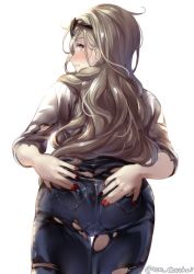 Rule 34 | 1girl, ass, back, bad id, bad twitter id, blonde hair, blue eyes, blush, closed mouth, cowboy shot, denim, jeans, juurouta, kantai collection, long hair, looking at viewer, mole, mole under eye, pants, pocket, richelieu (kancolle), shirt, simple background, solo, sunglasses, torn clothes, torn jeans, torn pants, torn sleeves, white background