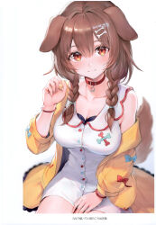 Rule 34 | 1girl, absurdres, animal ears, bare shoulders, blush, bone hair ornament, bracelet, braid, breasts, brown eyes, brown hair, buttons, choker, cleavage, closed mouth, coat, collarbone, dog ears, dog tail, dress, hair ornament, hairclip, hand up, highres, hololive, inugami korone, inugami korone (1st costume), jewelry, long hair, looking at viewer, medium breasts, off shoulder, open clothes, open coat, scan, short dress, simple background, sitting, tail, twin braids, twintails, virtual youtuber, watao