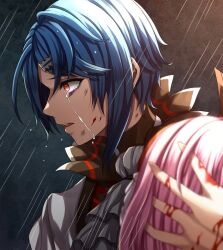 Rule 34 | 1boy, 1girl, alcryst (fire emblem), ascot, blood, blood on hands, blue hair, crying, fire emblem, fire emblem engage, hair ornament, hairclip, highres, holding, injury, lapis (fire emblem), looking to the side, male focus, nintendo, rain, red eyes, short hair, tears, white ascot, yozu (yozu0420)