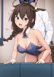 Rule 34 | 1boy, 1girl, admiral (kancolle), ahoge, animal ears, blue eyes, blue leotard, blue ribbon, braid, couch, detached collar, doggystyle, driftkingtw, hair flaps, hair over shoulder, highres, implied sex, kantai collection, leotard, long hair, looking back, neck ribbon, playboy bunny, rabbit ears, rabbit tail, ribbon, sex from behind, shigure (kancolle), shigure kai san (kancolle), single braid, strapless, strapless leotard, tail, wrist cuffs