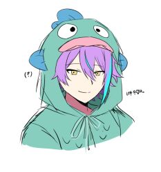 Rule 34 | 1boy, ?, alternate costume, animal hood, aqua hair, asymmetrical bangs, ceiling39, closed mouth, cropped torso, double-parted bangs, hair between eyes, highres, hood, hood up, jumpsuit, kamishiro rui, korean text, looking at viewer, male focus, multicolored hair, onesie, portrait, project sekai, purple hair, short hair, simple background, smile, solo, split mouth, streaked hair, translation request, two-tone hair, white background, yellow eyes
