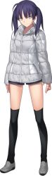 Rule 34 | 1girl, black socks, full body, game cg, grey eyes, kneehighs, mio (tsukihime), official art, over-kneehighs, purple hair, short hair, short shorts, short twintails, shorts, silver footwear, socks, solo, takeuchi takashi, thighhighs, transparent background, tsukihime, tsukihime (remake), twintails, white footwear, winter clothes, zettai ryouiki