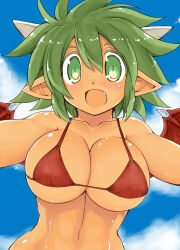 Rule 34 | 1girl, bikini, blue skin, blush, breasts, cleavage, collarbone, colored skin, draco centauros, dragon wings, eye contact, fang, green eyes, green hair, highres, horns, large breasts, looking at another, looking at viewer, messy hair, micro bikini, navel, open mouth, pointy ears, puyopuyo, red bikini, sakaki (noi-gren), short hair, sky, solo, swimsuit, tan, white horns, wings