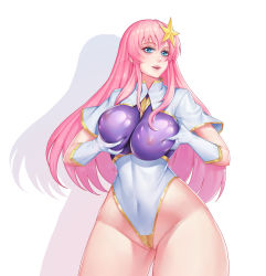 Rule 34 | 1girl, blue eyes, breasts, chinese commentary, commentary request, cowboy shot, dark night (darkotl), covered erect nipples, gloves, groping, gundam, gundam seed, gundam seed destiny, hair ornament, highleg, highleg leotard, highres, impossible clothes, impossible leotard, large breasts, leotard, long hair, looking at viewer, meer campbell, pink hair, simple background, skin tight, solo, star (symbol), star hair ornament, white background, white gloves, white leotard