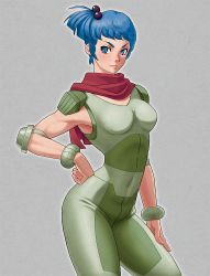 Rule 34 | 1girl, bad anatomy, blue eyes, blue hair, bodysuit, breasts, covered navel, cowboy shot, green bodysuit, grey background, hair bobbles, hair ornament, hand on own hip, hand on own thigh, looking at viewer, medium breasts, rag uralo, red scarf, scarf, sentou mecha xabungle, shigenobu, short hair, short ponytail, side ponytail, solo, standing, super robot wars, wristband