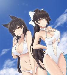 Rule 34 | 2girls, atago (azur lane), atago (summer march) (azur lane), azur lane, bare arms, bare shoulders, bikini, black hair, blue sky, blunt bangs, blush, bow, breasts, brown eyes, casual one-piece swimsuit, choker, cleavage, closed mouth, cloud, collarbone, cowboy shot, criss-cross halter, day, dutch angle, finger to mouth, hair bow, halterneck, hand on own hip, highleg, highres, large breasts, long hair, looking at viewer, multiple girls, navel, one-piece swimsuit, outdoors, sky, standing, stomach, swimsuit, takao (azur lane), takao (beach rhapsody) (azur lane), thighs, very long hair, white bikini, white bow, white neckwear, white one-piece swimsuit