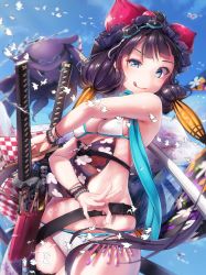 Rule 34 | 1girl, :q, amamami prime, bare shoulders, belt, bikini, blue eyes, blue sky, blurry, blurry background, blush, bracelet, breasts, day, fate/grand order, fate (series), floral print, goggles, goggles on head, hair ornament, highres, jewelry, katana, katsushika hokusai (fate), katsushika hokusai (swimsuit saber) (fate), long hair, looking at viewer, medium breasts, multiple swords, octopus, outdoors, purple hair, skirt, sky, smile, solo, splashing, swimsuit, sword, tokitarou (fate), tongue, tongue out, weapon, white bikini