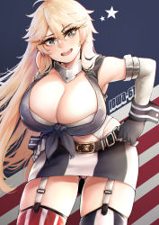 Rule 34 | 1girl, american flag background, asymmetrical legwear, belt buckle, blonde hair, blue eyes, breasts, buckle, cleavage, collar, elbow gloves, gloves, highres, iowa (kancolle), kantai collection, large breasts, long hair, looking at viewer, metal collar, mismatched legwear, open mouth, solo, star-shaped pupils, star (symbol), swept bangs, symbol-shaped pupils, thighhighs, two-tone skirt, uni (oni unicorn)
