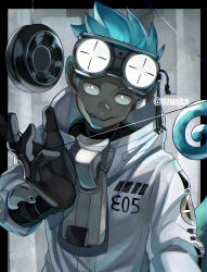 Rule 34 | 1boy, aqua hair, arknights, audio jack, bandaid, bandaid on face, bandaid on nose, black border, black gloves, border, chameleon tail, crosshair, ear piercing, ethan (arknights), facial hair, gloves, goggles, goggles on head, highres, jacket, looking at viewer, male focus, mouth hold, numbered, outside border, piercing, pointy ears, short hair, smile, solo, tail, tonbanlove, toothpick, twitter username, yo-yo, zipper pull tab