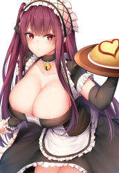 Rule 34 | 1girl, absurdres, alternate costume, apron, bell, black gloves, blush, breasts, chixiao, choker, cleavage, closed mouth, dress, elbow gloves, food, frills, girls&#039; frontline, gloves, hair ribbon, half updo, heart, highres, holding, holding tray, large breasts, long hair, looking at viewer, maid, maid apron, maid headdress, neck bell, omelet, omurice, one side up, purple hair, red eyes, ribbon, sidelocks, simple background, skindentation, solo, tray, very long hair, wa2000 (girls&#039; frontline), white background