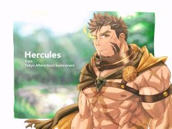 Rule 34 | 1boy, abs, bara, bare pectorals, biceps, blurry, blurry background, brown cape, brown eyes, brown hair, cape, character name, chest harness, copyright name, facial hair, flaming eye, goatee, harness, heracles (housamo), highres, large pectorals, long sideburns, male focus, muscular, nipples, pectorals, revealing clothes, saro (rotsw 00022), scar, scar on chest, short hair, sideburns, solo, stomach, tokyo houkago summoners, upper body, veins, yellow eyes
