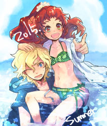 Rule 34 | 2015, :d, aged up, bikini, blue shorts, blue sky, blush, bow, brown eyes, cloud, day, floating hair, green bikini, hair bow, hand on another&#039;s head, holding person, hood, hood down, hooded jacket, isuzu (log horizon), jacket, lens flare, log horizon, long hair, looking at viewer, lunderhaus cord, micro shorts, mo (deciliter), one eye closed, open clothes, open jacket, open mouth, open shirt, open shorts, polka dot, polka dot bikini, ponytail, red bow, red hair, shirt, short shorts, short sleeves, shorts, sketch, sky, smile, sparkle, summer, sweatdrop, swimsuit, upper body, white polka dots, white shirt