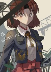 Rule 34 | 1girl, blouse, breasts, brown eyes, brown hair, chiyoda (kancolle), closed mouth, dated, grey background, hakama, headband, highres, jacket, japanese clothes, kantai collection, long sleeves, looking at viewer, marusan liliil, medium breasts, one-hour drawing challenge, red hakama, shirt, short hair, simple background, sketch, solo