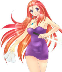 Rule 34 | 1girl, bare shoulders, blue eyes, breasts, cleavage, dress, ghost sweeper mikami, hamafuda, hiroposo, jewelry, long hair, mikami reiko, ofuda, pendant, red hair, simple background, smile, solo, strapless, strapless dress, talisman, tube dress, very long hair, weapon, white background