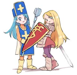 2girls :d armor armored_boots blonde_hair blue_eyes blue_hair blue_hat blue_tabard bodysuit boots closed_mouth cross cross_print crossover dragon_quest dragon_quest_iii etrian_odyssey gan2 gloves hat heel_up highres holding holding_mace holding_weapon legs_apart long_hair mace mitre multiple_girls open_mouth orange_bodysuit paladin_(sekaiju) paladin_2_(sekaiju) pantyhose priest_(dq3) purple_pantyhose sekaiju_no_meikyuu sekaiju_no_meikyuu_1 shadow shield simple_background smile standing sword tabard very_long_hair weapon white_background yellow_boots yellow_gloves