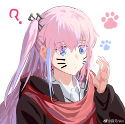 Rule 34 | 1girl, ?, absurdres, blue eyes, blue hair, brown jacket, collared shirt, commentary request, facial mark, girls&#039; frontline, hair ornament, highres, jacket, long hair, long sleeves, mao jian hiko, multicolored hair, official alternate costume, one side up, paw print, pink hair, red scarf, scarf, shirt, simple background, solo, st ar-15 (girls&#039; frontline), st ar-15 (literary girl) (girls&#039; frontline), streaked hair, upper body, weibo watermark, whisker markings, white background, white shirt