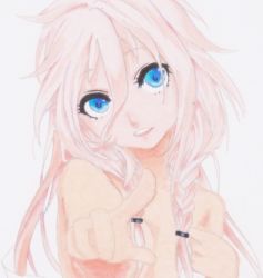 Rule 34 | 1girl, blue eyes, braid, derivative work, ia (vocaloid), long hair, looking at viewer, nude, open mouth, parted lips, pink hair, pointing, portrait, simple background, solo, traditional media, twin braids, upper body, vocaloid, white background
