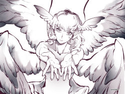 Rule 34 | 1other, androgynous, angel wings, artist name, breasts, closed mouth, collarbone, devilman, devilman crybaby, greyscale, head wings, hermaphrodite, looking at viewer, low wings, medium breasts, medium hair, monochrome, multiple wings, nude, other focus, outstretched arms, reaching, reaching towards viewer, satan (devilman), slit pupils, tears, upper body, voilin (voino), wavy hair, white background, wings