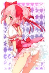 Rule 34 | 10s, 1girl, ass, bow, frills, gloves, hair bow, highres, kaname madoka, magical girl, mahou shoujo madoka magica, mahou shoujo madoka magica (anime), p-nut, panties, pantyshot, pink eyes, pink hair, short hair, short twintails, skirt, solo, tears, twintails, underwear, upskirt, white panties