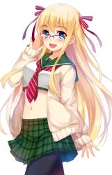 Rule 34 | 1girl, :d, between breasts, black pantyhose, blonde hair, blue eyes, blush, bow, breasts, crop top, crop top overhang, glasses, green skirt, hair bow, long hair, looking at viewer, midriff, navel, necktie, open clothes, open mouth, original, over-rim eyewear, pantyhose, plaid, plaid skirt, pleated skirt, red-framed eyewear, red necktie, semi-rimless eyewear, skirt, smile, solo, striped necktie, striped neckwear, teeth, tonee