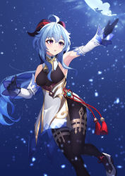 Rule 34 | 1girl, ahoge, arm up, armpits, bad id, bad pixiv id, bare shoulders, bell, black gloves, black legwear, blue hair, blush, breasts, chinese knot, detached sleeves, flower knot, ganyu (genshin impact), genshin impact, gloves, gold trim, high heels, highres, horns, long hair, looking at another, medium breasts, natuki taki, neck bell, orb, parted lips, purple eyes, red rope, rope, sidelocks, solo, standing, tassel, thighlet, thighs, vision (genshin impact), white sleeves