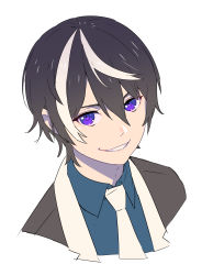 Rule 34 | 1boy, black jacket, blue shirt, collared shirt, commentary, cropped torso, doumyouji haruto, enkyo yuuichirou, game club project, hair between eyes, highres, jacket, looking at viewer, male focus, necktie, parted lips, portrait, purple eyes, shirt, simple background, smile, solo, virtual youtuber, white background, white necktie, wing collar
