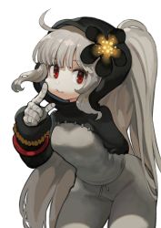 Rule 34 | 1girl, arm behind back, black flower, copyright request, cowboy shot, flower, grey hair, hair flower, hair ornament, hand up, highres, index finger raised, jun (navigavi), leaning forward, long hair, looking at viewer, red eyes, simple background, solo, very long hair, white background