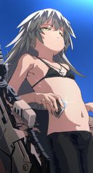 Rule 34 | 1girl, alice gear aegis, bikini, bikini top only, black bikini, black pants, closed mouth, cross, cross necklace, day, expressionless, female focus, flat chest, green eyes, grey hair, gun, highres, holding, holding lighter, jewelry, lighter, long hair, navel, necklace, outdoors, pants, rifle, shinonome chie, solo, swimsuit, victoryloliknight, weapon