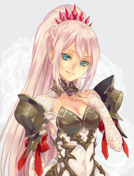 Rule 34 | 1girl, arm ribbon, armor, armored dress, blue eyes, braid, breasts, choker, cleavage, diamond hairband, dress, hair between eyes, hairband, hand on own chest, lace sleeves, long hair, looking at viewer, medium breasts, niku (mikantabetaizoo), pink hair, ponytail, red hairband, red ribbon, ribbon, shionne (tales), shoulder armor, sidelocks, smile, solo, tales of (series), tales of arise, upper body, white dress, wide ponytail