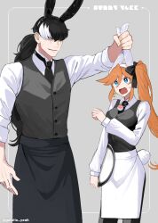 Rule 34 | 1boy, 1girl, ace attorney, animal ears, apron, athena cykes, black apron, black bow, black hair, black necktie, black vest, blue eyes, bow, collared shirt, crescent, crescent earrings, earrings, fake animal ears, fake tail, grabbing, gumi (gelatin), hair between eyes, hair bow, highres, holding, holding tray, jewelry, long hair, long sleeves, looking at another, multicolored hair, necklace, necktie, open mouth, orange hair, rabbit ears, rabbit tail, shirt, side ponytail, simon blackquill, single earring, sweatdrop, tail, tray, twitter username, two-tone hair, vest, white apron, white hair, white shirt