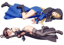 Rule 34 | 2girls, absurdres, black thighhighs, blonde hair, blue dress, blue eyes, boots, braid, breasts, brown eyes, brown hair, closed eyes, commission, crossover, dead or alive, defeat, dress, elbow gloves, fainted, full body, gloves, goeniko, highres, lei fang, long hair, long sleeves, lying, m.u.g.e.n, medium breasts, multiple girls, navel, nun, on side, open mouth, pixiv commission, snk, tecmo, the king of fighters, thighhighs, thighs, transparent background, twin braids, unconscious, yagi2013