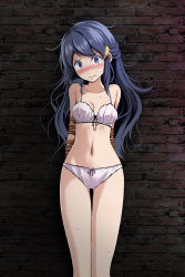 Rule 34 | 1girl, against wall, arms behind back, black ribbon, blue eyes, blue hair, blush, bound, bound arms, bra, breasts, cleavage, clenched teeth, collarbone, creatures (company), dawn (pokemon), game freak, gluteal fold, hair ornament, head tilt, long hair, looking at viewer, medium breasts, midriff, navel, nintendo, panties, pokemon, pokemon dppt, restrained, ribbon, rope, solo, standing, stomach, sweatdrop, tears, teeth, thigh gap, tied up, tsukishiro saika, underwear, underwear only, very long hair, white bra, white panties