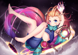 Rule 34 | 1girl, arm up, armpits, bad id, bad pixiv id, barefoot, blue eyes, blue shirt, blue shorts, blush, brown hair, commentary request, feet, gradient background, green scarf, highres, league of legends, long hair, looking at viewer, multicolored hair, pink hair, scarf, shirt, shorts, smile, solo, space, striped clothes, striped scarf, yan (nicknikg), zoe (league of legends)