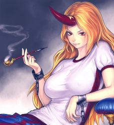 Rule 34 | 1girl, blonde hair, breasts, chain, elbow rest, envenomist (gengoroumaru), fang, fang out, female focus, gradient background, highres, horns, hoshiguma yuugi, kiseru, large breasts, long hair, no bra, oni, red eyes, shirt, single horn, sitting, smoking pipe, solo, taut clothes, taut shirt, touhou