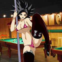 Rule 34 | 1girl, banknote, bikini, black eyes, black footwear, black hair, black thighhighs, blurry, breasts, cameltoe, caulifla, cleavage, depth of field, dicasty, dragon ball, dragon ball super, female focus, high heels, indoors, large breasts, leg up, looking at viewer, micro bikini, money, pole, pole dancing, pool table, shoes, solo, stripper pole, swimsuit, table, text focus, thighhighs, tile floor, tiles, underboob