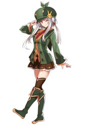 Rule 34 | 1girl, black thighhighs, boots, brown skirt, commentary request, green footwear, green headwear, green jacket, grey hair, hair ornament, highres, jacket, long hair, long sleeves, looking at viewer, mahcdai, one eye closed, original, simple background, skirt, smile, solo, thighhighs, white background