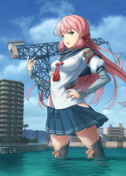 Rule 34 | 1girl, akashi (kancolle), black thighhighs, blue skirt, blue sky, breasts, building, city, commentary request, cowboy shot, crane (machine), day, floating hair, giant, giantess, green eyes, hair ribbon, hand on own hip, harbor, highres, hip vent, holding, juliet sleeves, kantai collection, kuro oolong, long hair, long sleeves, looking at viewer, medium breasts, miniskirt, nail polish, open mouth, outdoors, pink hair, pink nails, puffy sleeves, red ribbon, ribbon, ribbon-trimmed legwear, ribbon trim, school uniform, serafuku, shirt, sidelocks, skirt, sky, smile, solo, tassel, thighhighs, tress ribbon, very long hair, wading, water, white shirt, wind, zettai ryouiki
