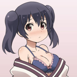 Rule 34 | 10s, 1girl, :&lt;, bad id, bad pixiv id, bare shoulders, black hair, blue bra, blush, bow, bow bra, bra, breasts, cleavage, closed mouth, collarbone, embarrassed, gradient background, japanese clothes, kimono, looking at viewer, medium breasts, off shoulder, red eyes, sidelocks, solo, sweatdrop, tawamure, twintails, underwear, upper body, urara meirochou, white kimono, yukimi koume