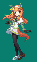 Rule 34 | 1girl, absurdres, animal ears, asymmetrical footwear, black gloves, black pantyhose, blue eyes, bow, bowtie, brown footwear, closed mouth, ear covers, full body, gloves, green background, hairband, highres, horse ears, horse girl, horse tail, jacket, long hair, long sleeves, looking at viewer, miniskirt, mismatched footwear, orange hair, pantyhose, shoes, silence suzuka (umamusume), simple background, skirt, smile, solo, standing, suzuhara kenji, tail, umamusume, white footwear, white jacket, white skirt