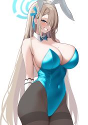 Rule 34 | 1girl, animal ears, asuna (blue archive), asuna (bunny) (blue archive), bare shoulders, blue archive, blue eyes, blue halo, blue leotard, blush, breasts, brown pantyhose, cleavage, detached collar, elbow gloves, fake animal ears, gloves, grin, hair over one eye, halo, highleg, highleg leotard, highres, large breasts, leotard, light brown hair, long hair, looking at viewer, mole, mole on breast, pantyhose, playboy bunny, rabbit ears, ryou (ryoutarou), smile, solo, thighs, very long hair, white gloves