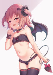 Rule 34 | 1girl, :d, bare arms, bare shoulders, black choker, black panties, black scrunchie, black thighhighs, blush, bow, breasts, choker, collarbone, copyright request, demon girl, demon tail, demon wings, fang, frills, hair ornament, hair scrunchie, highres, leaning forward, looking at viewer, milkshakework, navel, open mouth, panties, scrunchie, skindentation, small breasts, smile, solo, stomach, tail, tail bow, tail ornament, thighhighs, underwear, underwear only, wings, wrist cuffs