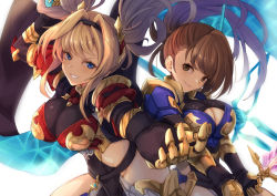 Rule 34 | 2girls, armor, black bodysuit, black scarf, blonde hair, blue armor, blue eyes, blush, bodysuit, breastplate, breasts, brown eyes, brown hair, cleavage, cleavage cutout, clothing cutout, gauntlets, granblue fantasy, grin, hair intakes, hairband, hip vent, large breasts, long hair, looking at viewer, multiple girls, pauldrons, polearm, ponytail, red armor, scarf, shoulder armor, smile, spear, swept bangs, sword, thighs, twintails, weapon, yude, zeta (granblue fantasy)