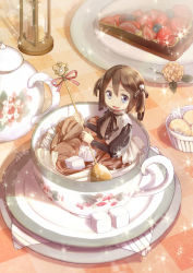 Rule 34 | 1girl, absurdres, bad id, bad pixiv id, blue eyes, blueberry, bowl, bread, bread slice, brown hair, brown skirt, cookie, crumpets, cup, dress, flower, food, fruit, hair ribbon, highres, holding, holding spoon, hourglass, in container, in cup, juliet sleeves, light particles, long skirt, long sleeves, looking at viewer, mini person, minigirl, neck ribbon, nkohime, open mouth, original, plate, puffy sleeves, ribbon, saucer, short hair, short twintails, sitting, skirt, smile, solo, spoon, strawberry, sugar cube, tablecloth, tart (food), teacup, teapot, toast, twintails