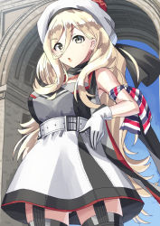 Rule 34 | 1girl, arc de triomphe, arch, beret, blonde hair, blue eyes, blue sky, chestnut mouth, commentary request, cowboy shot, dress, garter straps, gloves, gradient sky, hair between eyes, hat, kantai collection, long hair, looking at viewer, mayura (lucadia), mole, mole under eye, mole under mouth, multicolored clothes, multicolored gloves, multicolored scarf, pom pom (clothes), richelieu (kancolle), scarf, sky, solo, standing, strapless, strapless dress, thighhighs, two-tone dress, two-tone gloves, two-tone legwear
