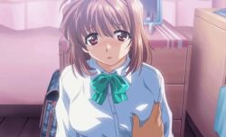 Rule 34 | 1boy, 1girl, animated, animated gif, bedroom, blinking, blush, bow, breasts squeezed together, breasts, brown eyes, brown hair, desk, groping, indoors, kawai rie, large breasts, looking at viewer, lovers (game), matching hair/eyes, pov, shirt, short hair, solo focus