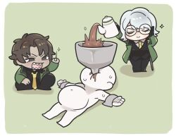 Rule 34 | 1boy, 1girl, 1other, alternate eye color, bloated, brown eyes, brown hair, closed eyes, coat, commentary, duct tape, faust (project moon), funnel, glasses, green coat, grey hair, heathcliff (project moon), highres, holding, holding teapot, kojocho05, limbus company, necktie, needle, project moon, restrained, sharp teeth, star (symbol), sweatdrop, tea, teapot, teeth, yellow necktie