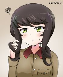 Rule 34 | 1girl, alternate hairstyle, amogan, blush, brown background, brown hair, brown jacket, chi-hatan military uniform, closed mouth, commentary, dated, frown, girls und panzer, green eyes, hair down, hand in own hair, highres, hosomi shizuko, jacket, long sleeves, looking at viewer, portrait, solo, squiggle, sweatdrop