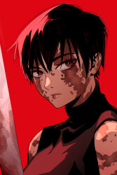 Rule 34 | 1girl, absurdres, allegedly tom, black hair, burn scar, commentary, highres, jujutsu kaisen, looking at viewer, portrait, red background, red eyes, scar, short hair, simple background, sleeveless, sleeveless turtleneck, solo, sword, tomboy, turtleneck, weapon, zen&#039;in maki