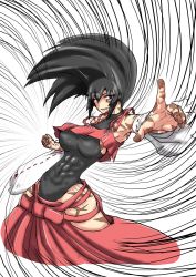 Rule 34 | 1girl, abs, breasts, clenched hand, crop top, cropped legs, detached sleeves, emphasis lines, hakama, hakama skirt, highres, japanese clothes, kongari tokei, large breasts, leotard, long hair, m.u.g.e.n, muscular, muscular female, nontraditional miko, original, pointing, pointing at viewer, red hakama, revision, scar, sendai hakurei no miko, skirt, solo, touhou, wide sleeves